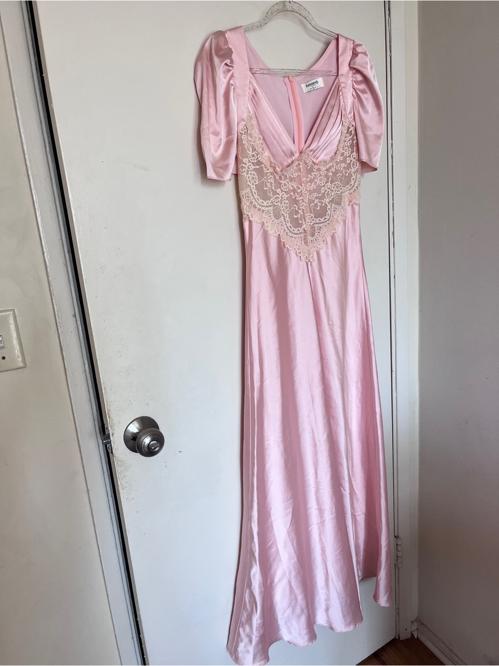 House of CB Pink Satin Maxi Dress with Lace Bodice
